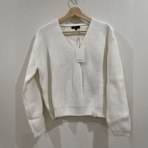 NWT Quince 100% Organic Cotton Fishwrman V-Neck Sweater in Ivory Small - Picture 2 of 6
